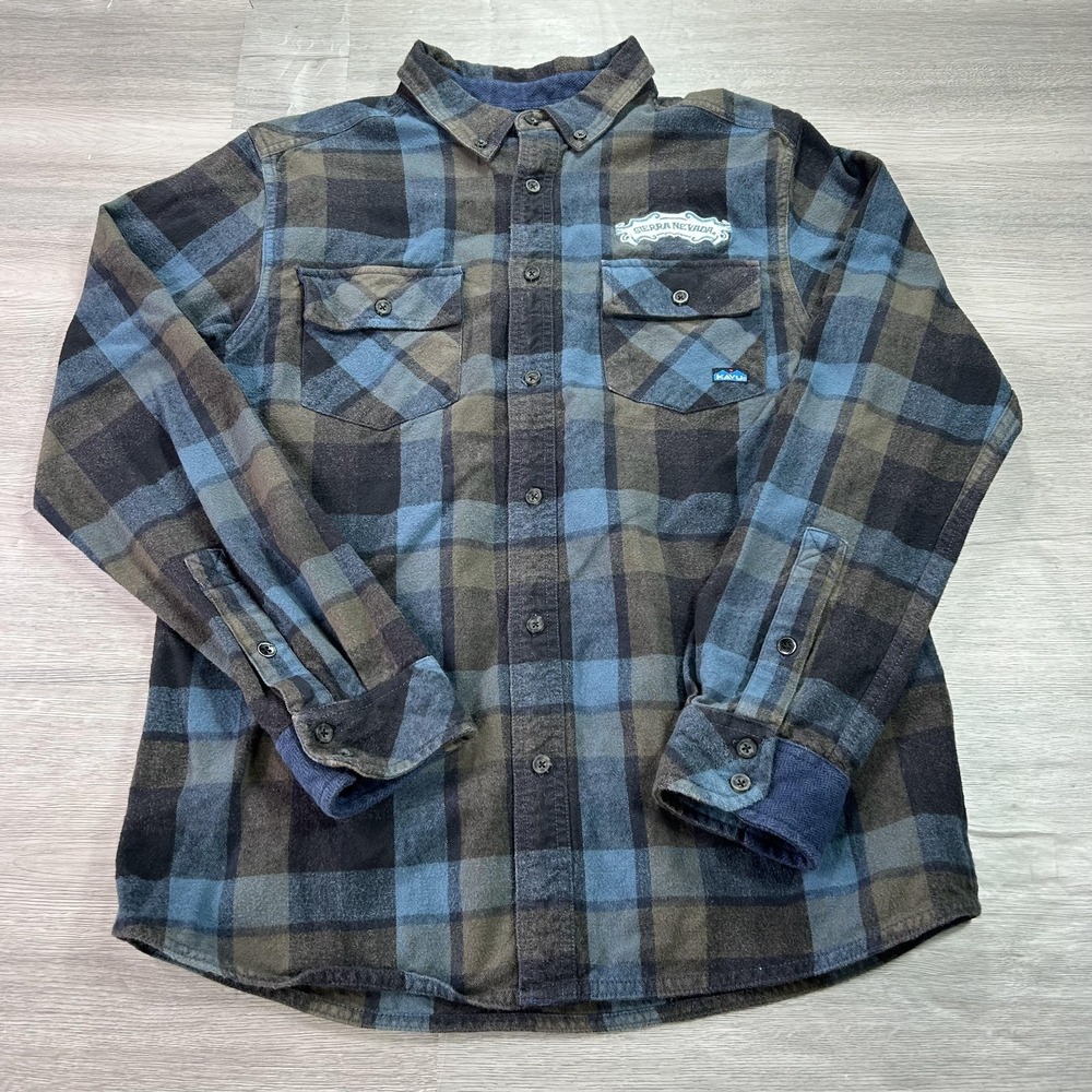 KAVU Sierra Nevada Shirt Mens Medium Blue Brown Plaid Flannel Button Up